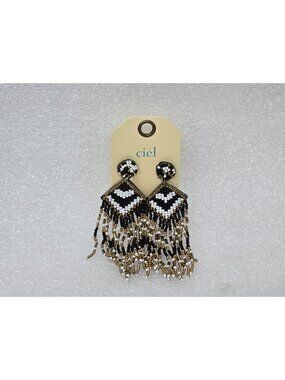 Ciel Handmade Black & White Beaded Fringe Earrings With Gold Accents Statement